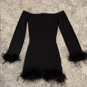 Elegant Black Off-Shoulder Dress with Feather Trim